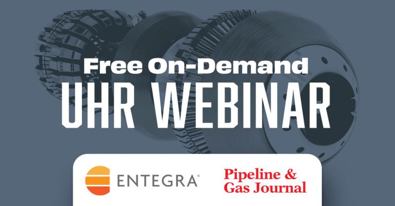 The words Watch an on demand UHR webinar over illustration of ENTEGRA's oil and gas pipeline inspection tool