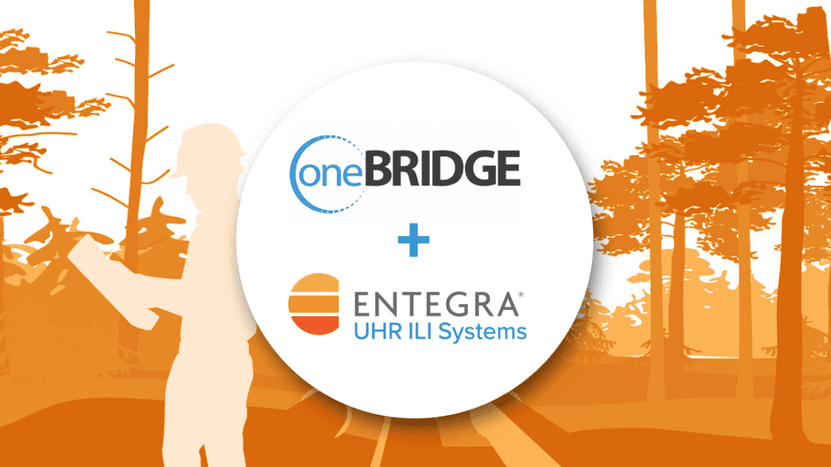 ENTEGRA and OneBridge logos in a circle with a plus sign indicating their partnership for pipeline inspection