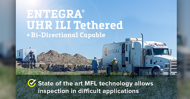 Image of truck with ENTEGRA logo using a tethered ILI tool at a pipeline with the text ENTEGRA UHR ILI Tethered + Bi-Directional Capable State of the art MFL technology allows inspection in difficult applications