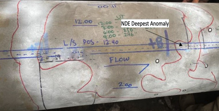 Image of a pipe with writing on it showing that the ENTEGRA ILI assessment was accurate, calling out the deepest anomaly and the long seam.