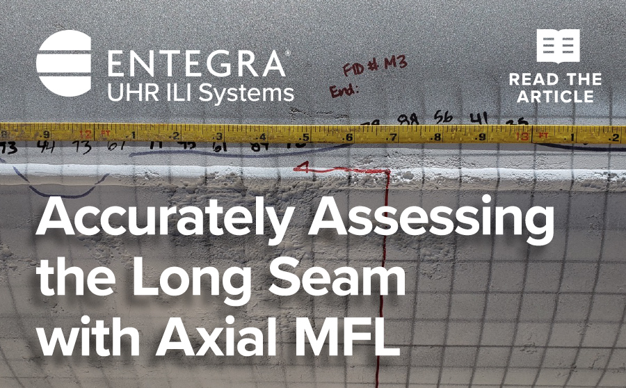 Featured image for ENTEGRA blog post with the title Accurately Assessing the Long Seam with Axial MFL over a photo of complex corrosion along the seam on a pipe
