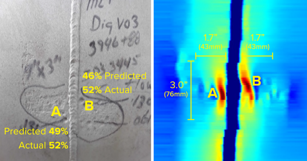 ENTEGRA ultra-high resolution MFL in-line inspection data image of corrosion on a girth weld. Includes image of actual pipe girth weld.