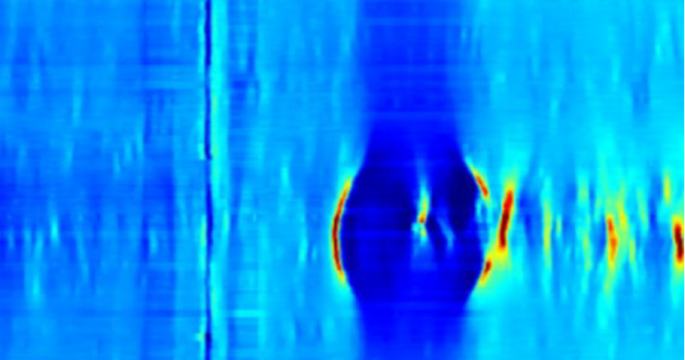 ENTEGRA ultra-high resolution MFL in-line inspection data image of corrosion interacting with a pipeline patch repair.