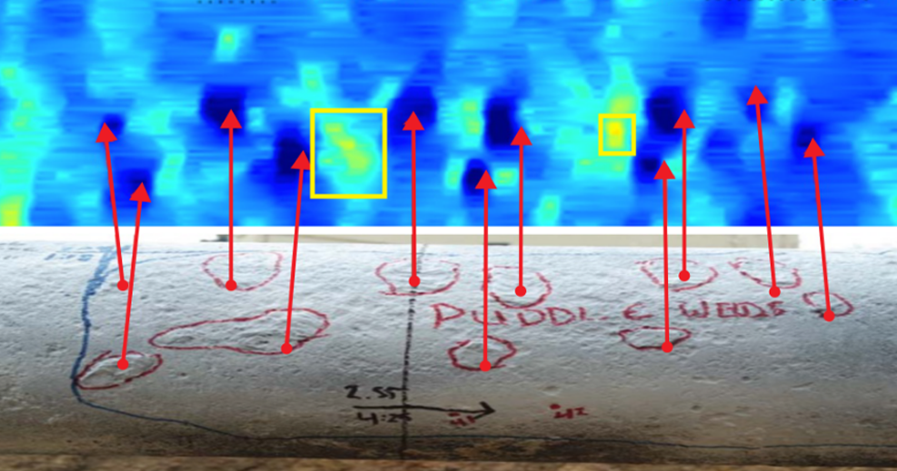 ENTEGRA ultra-high resolution MFL in-line inspection data image of puddle welds POI and POD.