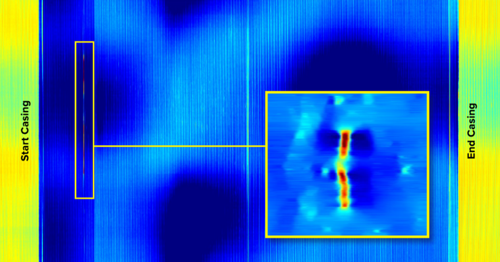 ENTEGRA ultra-high resolution MFL in-line inspection data image of metal loss under the casing pipe.