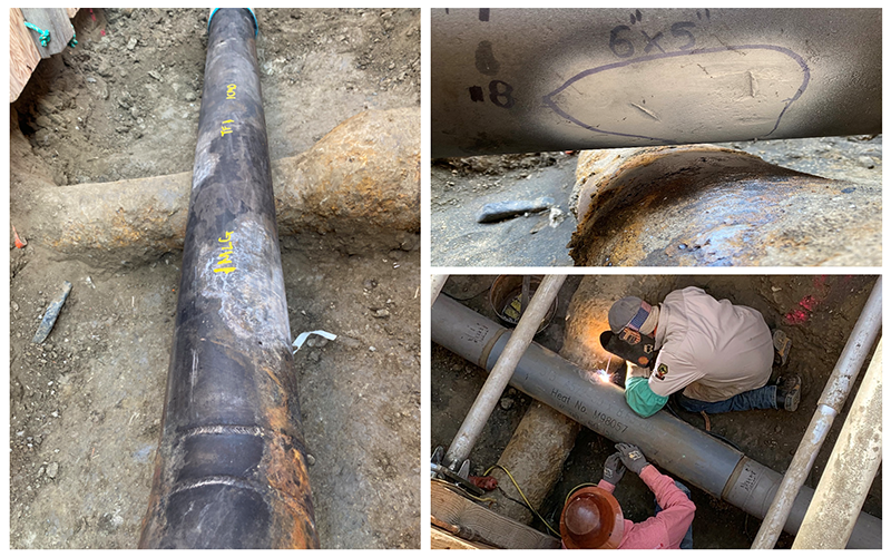 pipeline workers look at mechanical damage present on a pipeline 