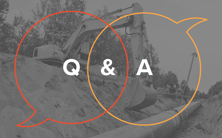 Graphic of Q&A in speech bubble lines over black and white image of pipeline dig site.