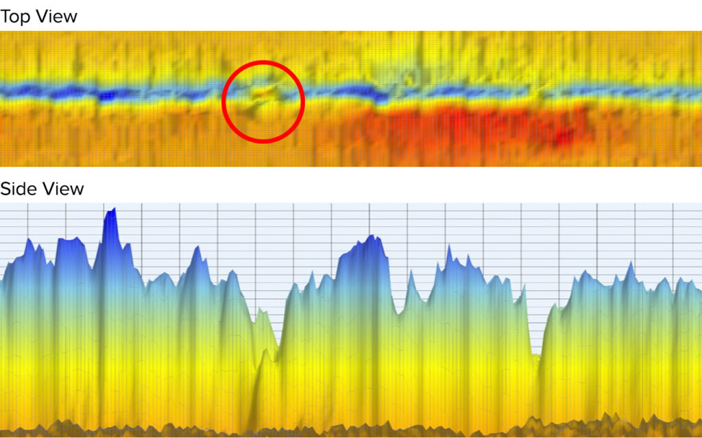 This UHR MFL data image from an inline inspection shows a top view and a side view of the data, emphasizing the detail along a girth weld.