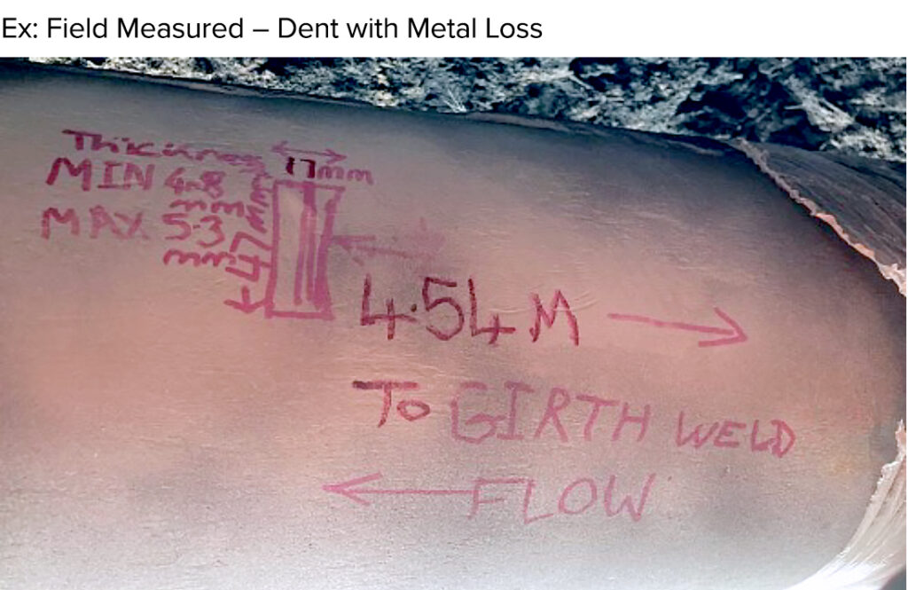 Image of measurements written on outside of pipe showing a dent with metal loss