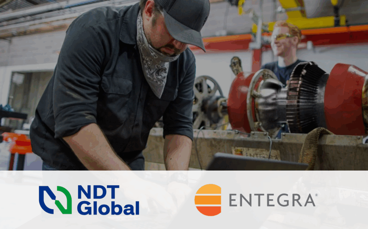 NDT Global and Entegra logos over image of Entegra team in shop